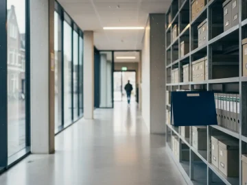 Editorial visual about realistic Dutch municipal oversight stock photo: neutral city hall corridor, insurance-off