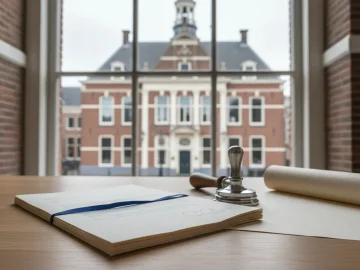 Editorial visual about realistic Dutch public administration still-life with folded documents, simple building ex