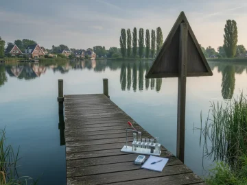 Editorial visual about realistic Dutch water safety stock photo with lake edge, warning sign shape without readab