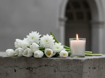 Editorial visual about realistic remembrance still-life with white flowers, candle and neutral stone texture, sof