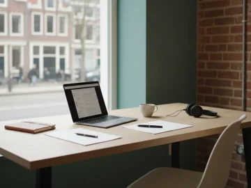 Editorial visual about realistic Dutch freelance business stock photo in a small coworking space by a large windo