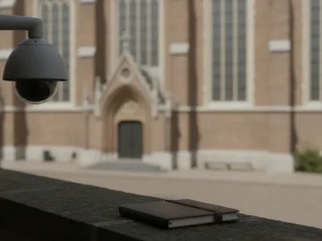 Editorial visual about realistic heritage-site security stock photo with old church exterior softly blurred, secu