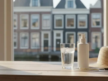 Editorial visual about realistic Dutch summer heatwave safety stock photo: glass of water, sunscreen, sun hat and
