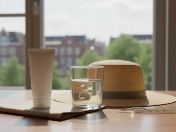 Editorial visual about realistic Dutch summer heatwave safety stock photo: glass of water, sunscreen, sun hat and