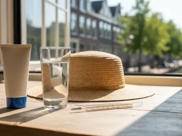 Editorial visual about realistic Dutch summer heatwave safety stock photo: glass of water, sunscreen, sun hat and
