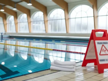 Editorial visual about realistic public pool closure stock photo with empty indoor pool lane, folded towel and ma
