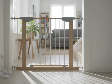 Editorial visual about realistic Dutch home safety stock photo with stair gate, socket cover and soft apartment d