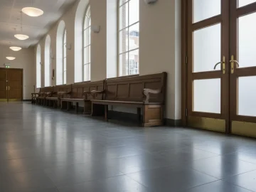 Editorial visual about realistic empty courthouse corridor or hearing-room entrance with wooden benches and soft