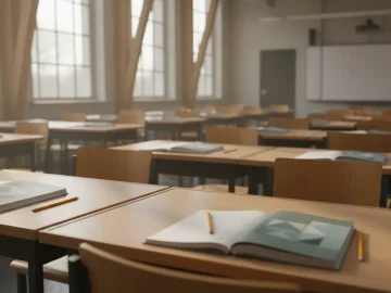 Editorial visual about realistic education policy still-life with empty classroom desks, notebooks and pencils, s