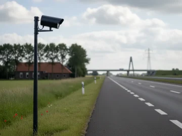 Editorial visual about realistic traffic enforcement stock photo: empty Dutch roadside with speed camera silhouet