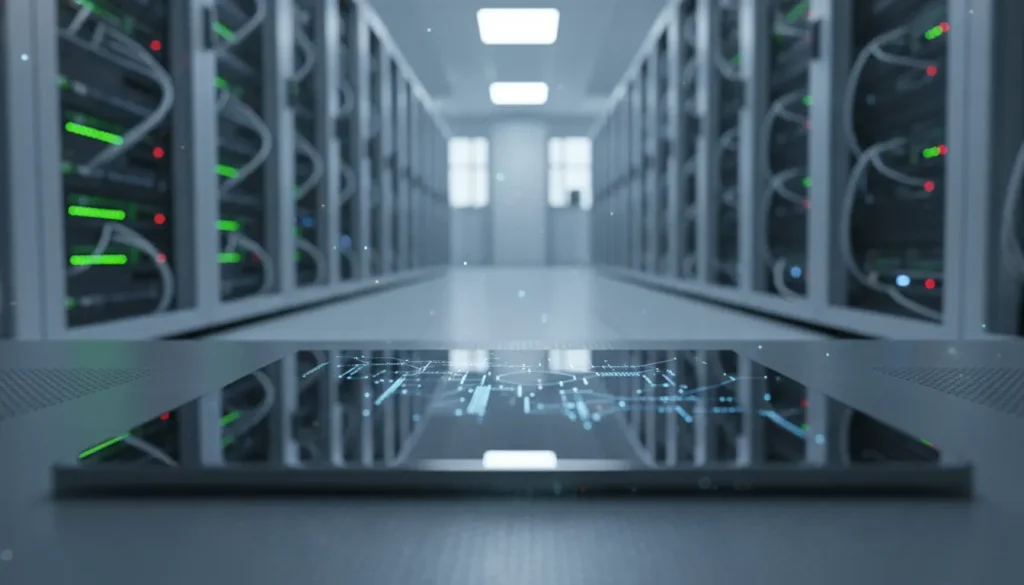 Editorial visual about realistic AI regulation stock photo with server room aisle, close-up computer chip reflect