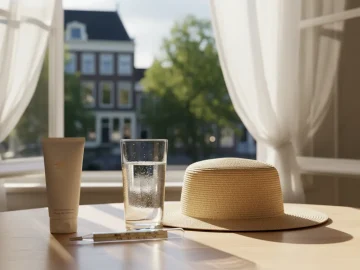 Editorial visual about realistic Dutch summer heatwave safety stock photo: glass of water, sunscreen, sun hat and