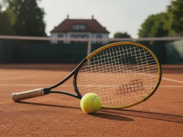 Editorial visual about realistic tennis stock photo with tennis ball and racket on clay court, warm sports lighti