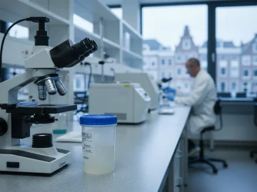 Editorial visual about realistic public health laboratory stock photo with microscope, sealed sample container an