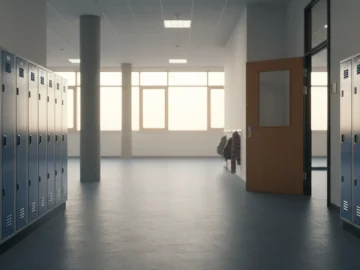 Editorial visual about realistic empty Dutch school corridor with lockers, classroom door and soft morning daylig