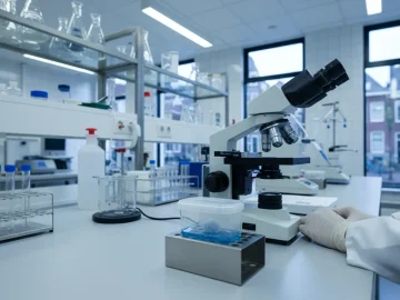 Editorial visual about realistic public health laboratory stock photo with microscope, sealed sample container an