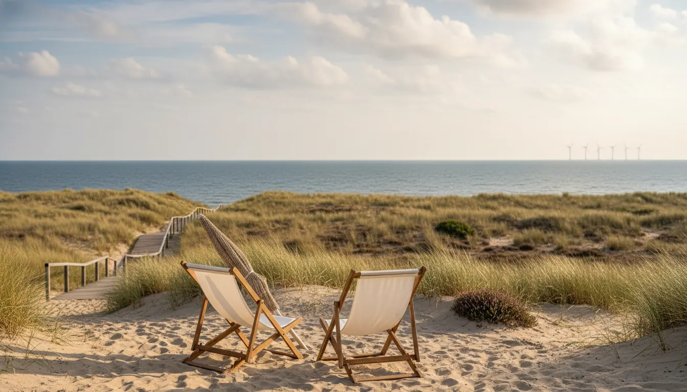 Editorial visual about realistic Dutch beach stock photo with dunes, beach chairs and soft summer light, no crowd