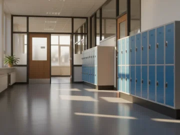 Editorial visual about realistic empty Dutch school corridor with lockers, classroom door and soft morning daylig