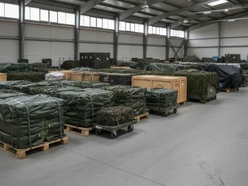Editorial visual about realistic defense logistics stock photo: neutral warehouse bay with sealed supply pallets,