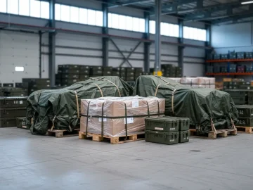 Editorial visual about realistic defense logistics stock photo: neutral warehouse bay with sealed supply pallets,