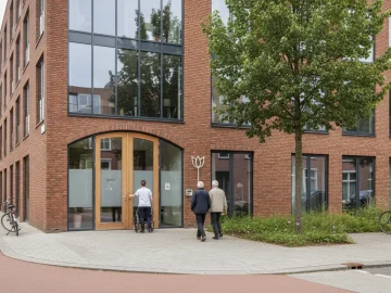 Editorial visual about realistic social support stock photo: quiet Dutch care-center exterior or institutional ha