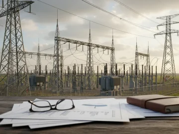 Editorial visual about realistic Dutch energy infrastructure stock photo: electricity pylons and substation equip