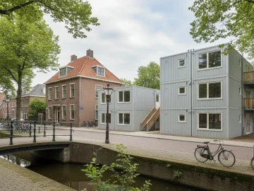 Editorial visual about realistic Dutch public administration exterior: modest municipal-style building and tempor