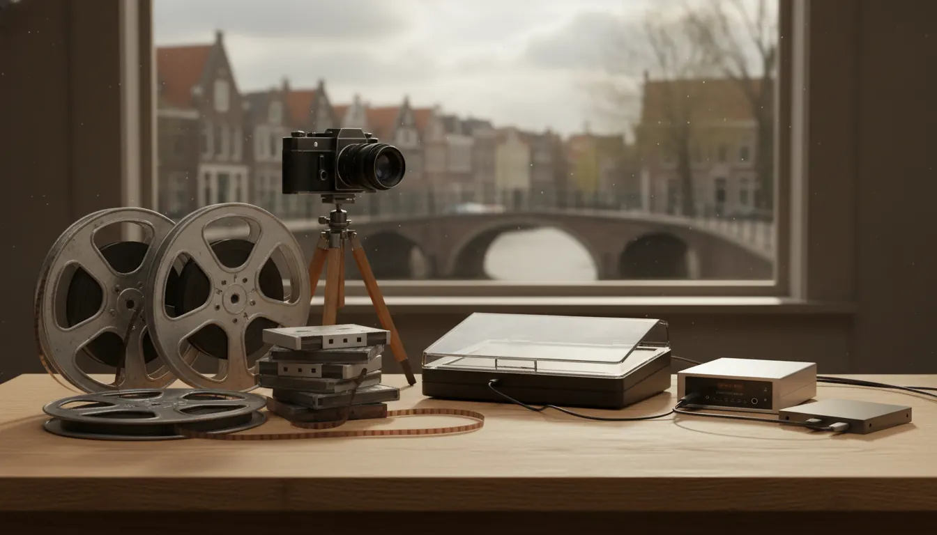 Editorial visual about realistic media archive still-life with vintage film reels, cassette tapes, a camera on tr