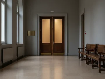 Editorial visual about realistic empty courthouse corridor or hearing-room entrance with wooden benches and soft