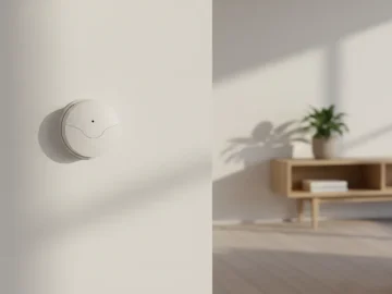Editorial visual about realistic home safety stock photo with a carbon monoxide detector on a apartment wall, sof