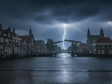 Lightning over Dutch rooftops during a severe thunderstorm