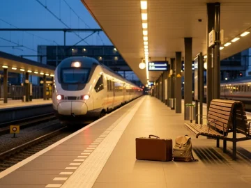 International train platform with luggage and a train arriving