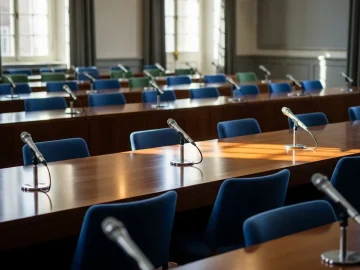 Empty parliamentary hearing room with microphones