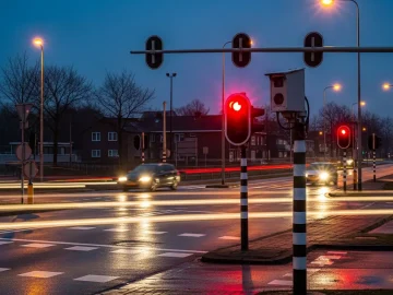 Dutch road intersection with a red traffic light