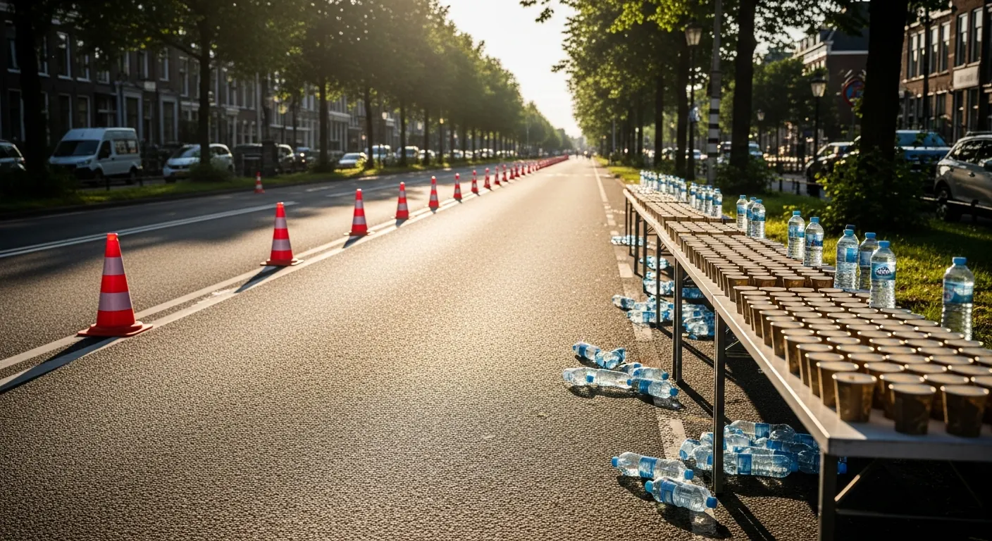 Warm-weather running safety at a Dutch road race water station