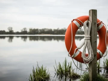 Quiet Dutch recreation lake with lifebuoy as an open-water safety image