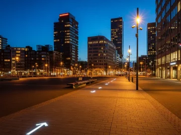 Calm night-time city route with warm streetlights for a public safety walk