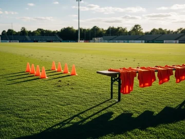 Orange football training cones and shirts on a Dutch training field