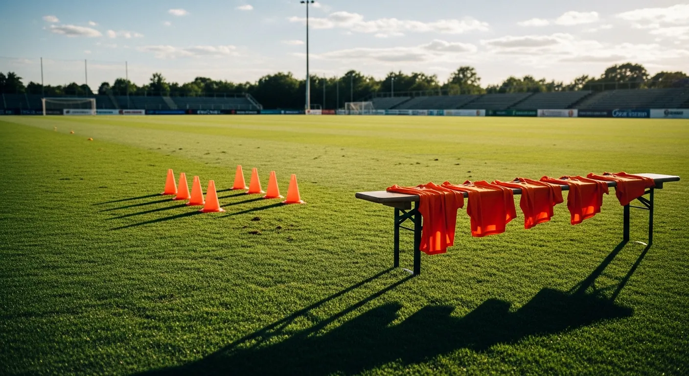 Orange football training cones and shirts on a Dutch training field
