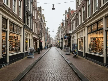 Amsterdam city centre shopfronts on a tourist street