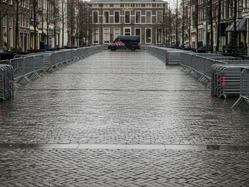 Empty Dutch city square with public order barriers after a demonstration