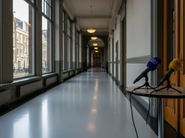 News image about realistic public policy stock photo with Dutch civic building exterior, empty press microp