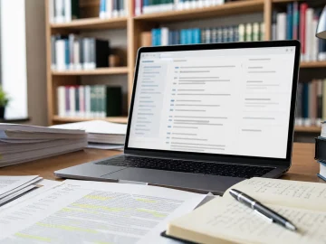 A laptop showing a blurred reference database beside printed papers, books, a notebook and a pen.