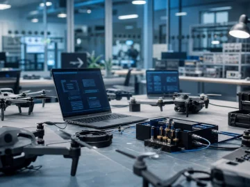 Small unbranded drones, testing equipment and laptop screens on a software lab workbench.