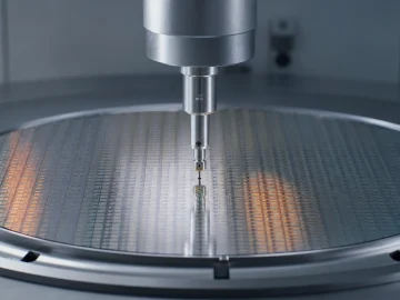 Precision metrology probe inspecting a semiconductor wafer