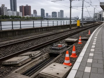 Rail maintenance equipment, open service duct covers and orange safety cones beside train tracks.