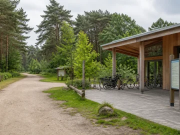A wooden nature visitor centre entrance beside a forest path with bicycles nearby.