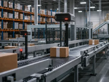 Cybersecurity alert inside an automated logistics warehouse
