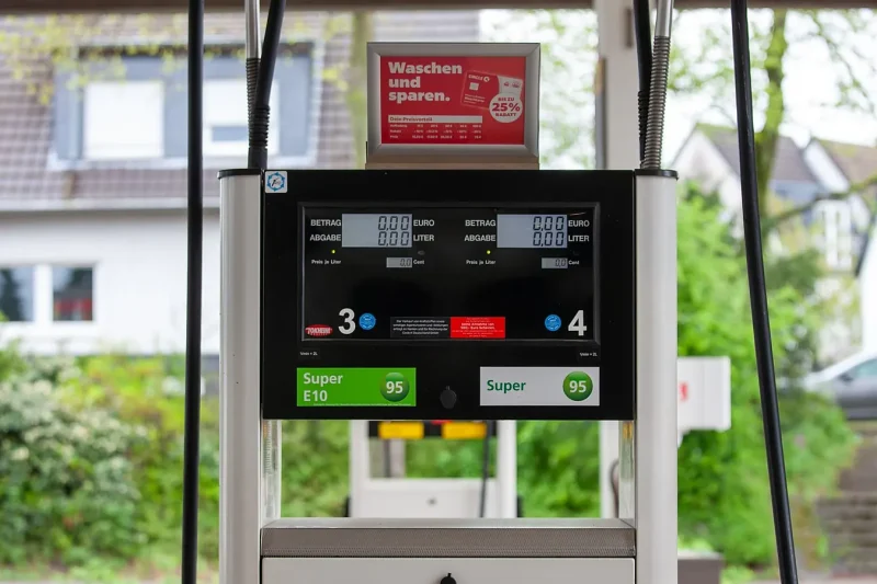 A fuel pump at a European filling station showing prices per litre