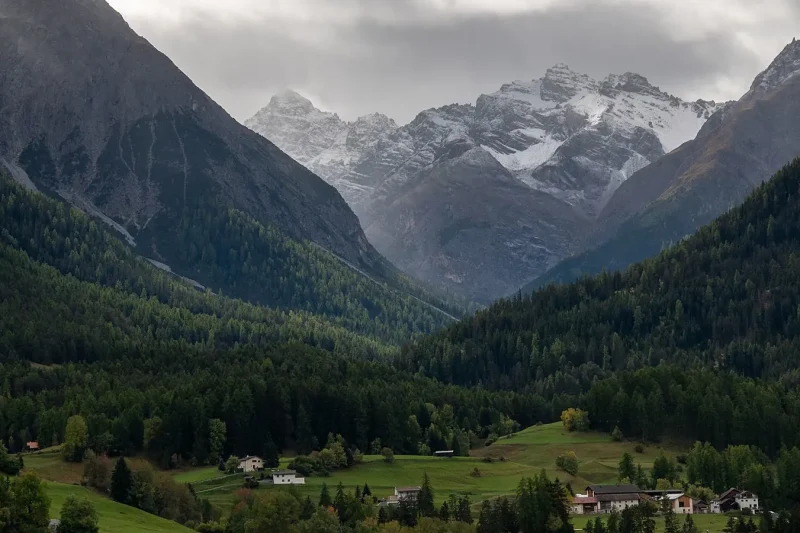 Forested slopes and snow-capped peaks in the Lower Engadin valley in Graubünden, Switzerland